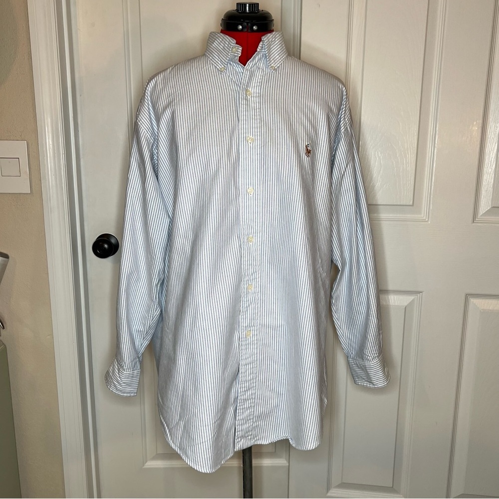 Ralph Lauren Yarmouth Blue White Striped Long Sleeve Shirt Flesh Pony Mens 16-32